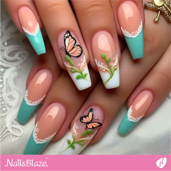 Peach Fuzz Butterfly Nails with Blue and White Tips | Color of the Year 2024 - NB1797